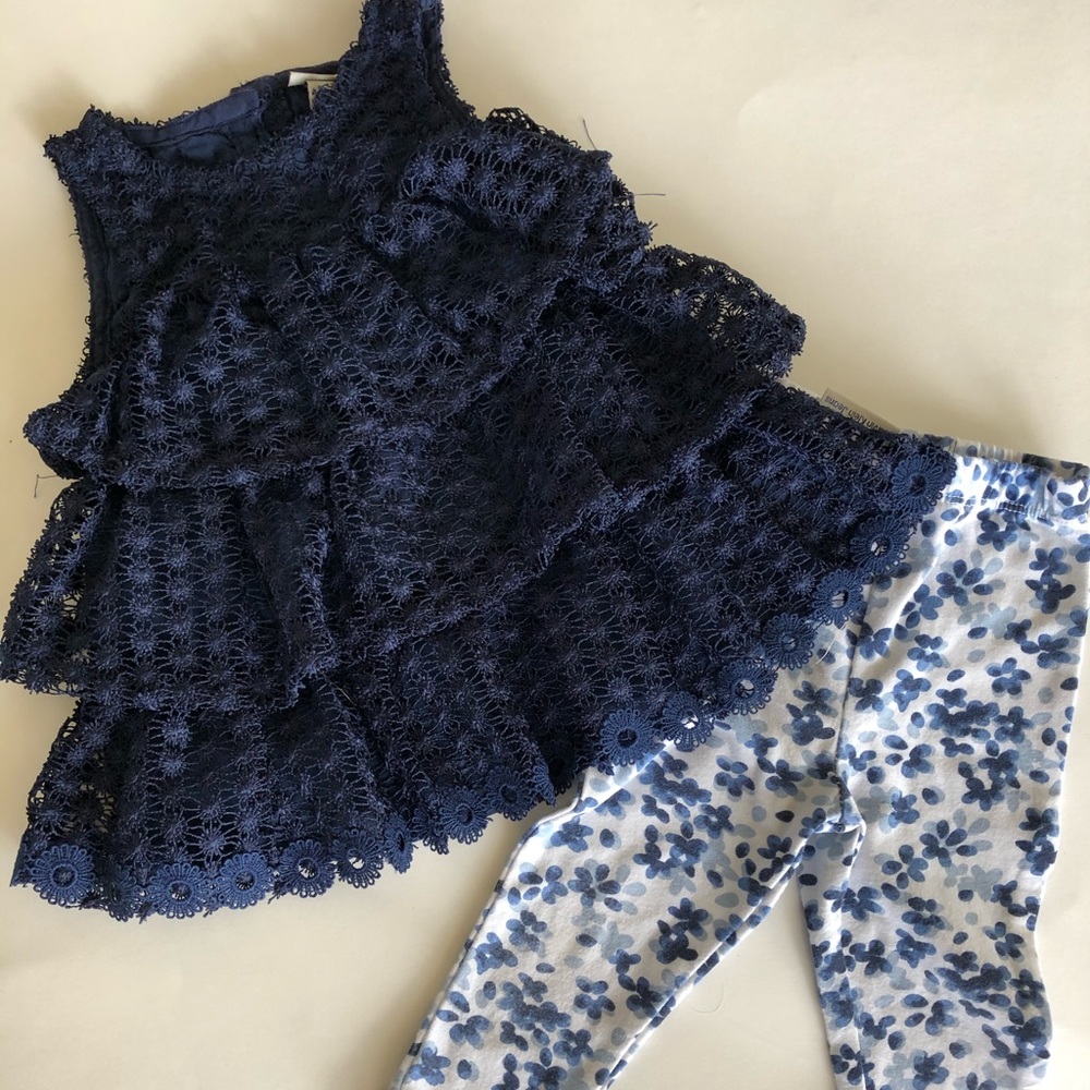 Navy Lace Top and Flowery Leggings Set - 12 Month